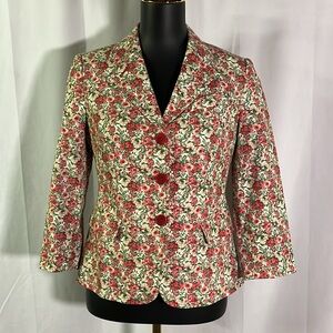 Talbots Pink & Green Floral Print Button Front Cotton Blazer